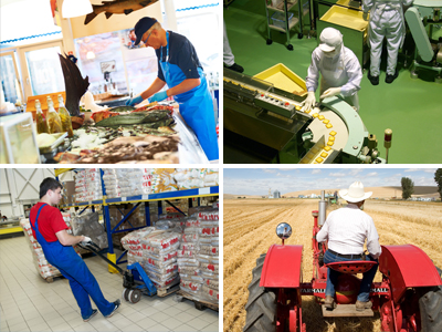 Collage of a worker in a fish market (top left), a food worker at an assembly line, a food employee moving items in a warehouse, and a farmer driving a tractor in a field.